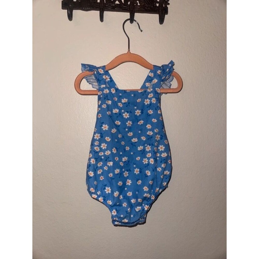 Posh Peanut Blue Floral Daisy Ruffle Bubble Romper 12-18M